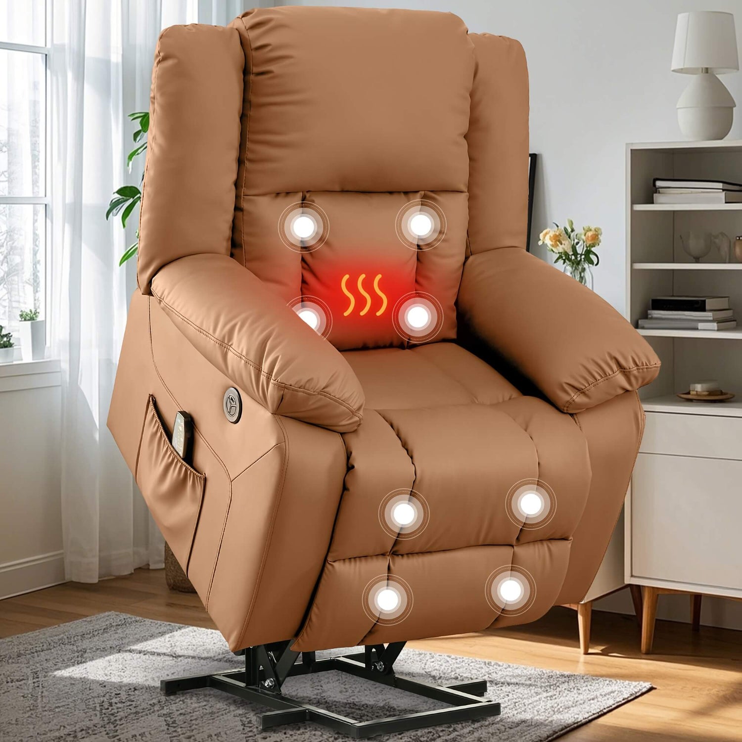 Brown recliner chair with heating indicator in a living room setting