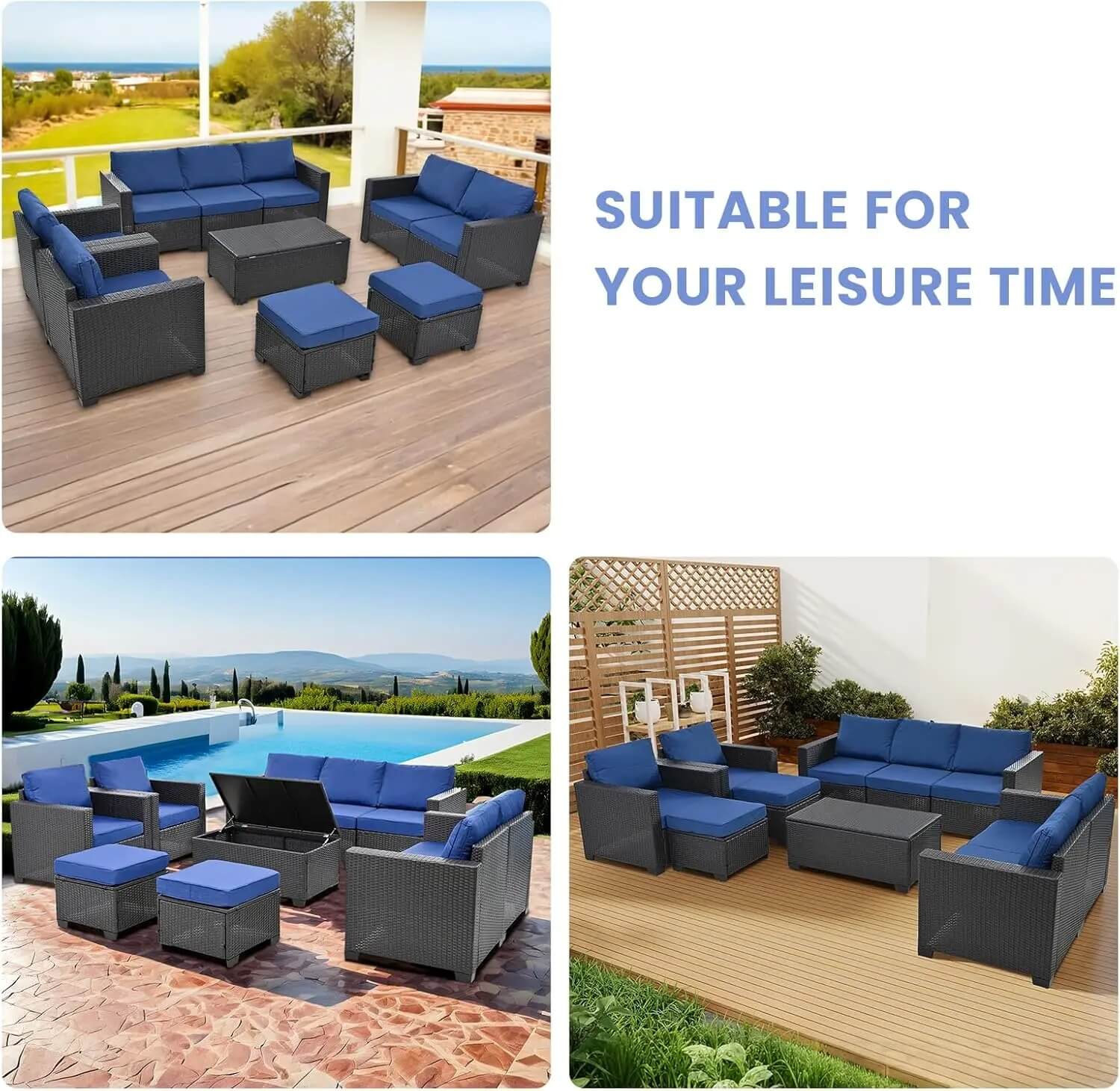 Different color options of the 10 pieces of the Wicker Sectional Patio Set sold by WorkZen Interiors