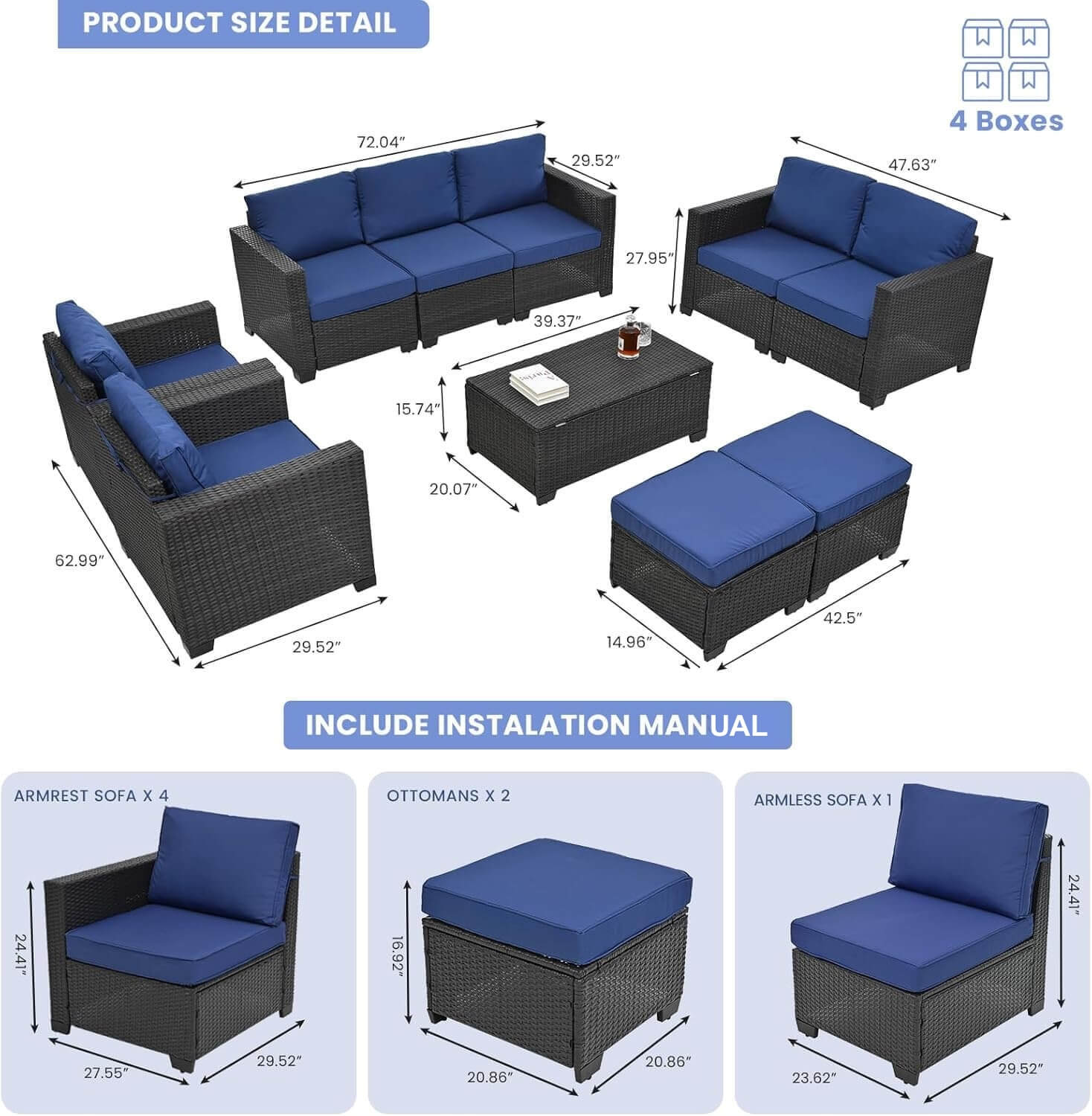 Dimension of a 10 pieces of the Wicker Sectional Patio Set sold by WorkZen Interiors