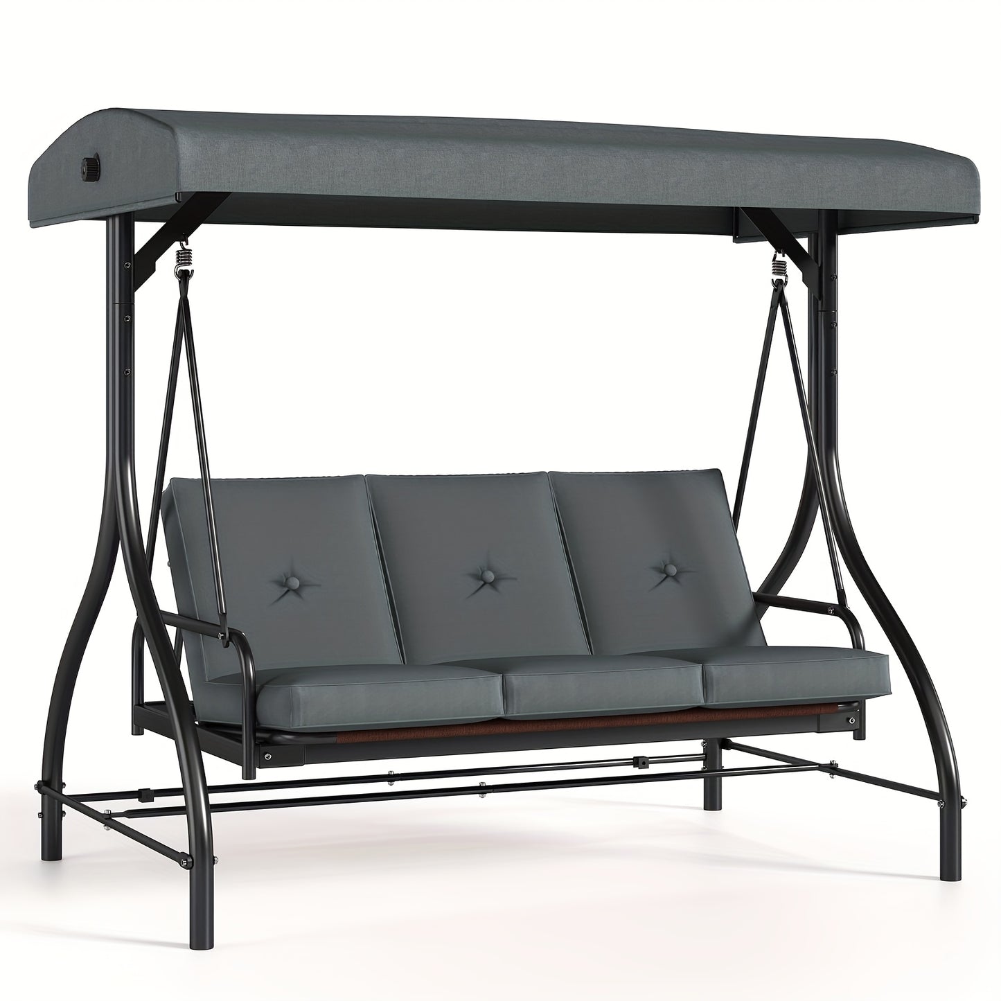 Gray three-seater swing with canopy on a white background