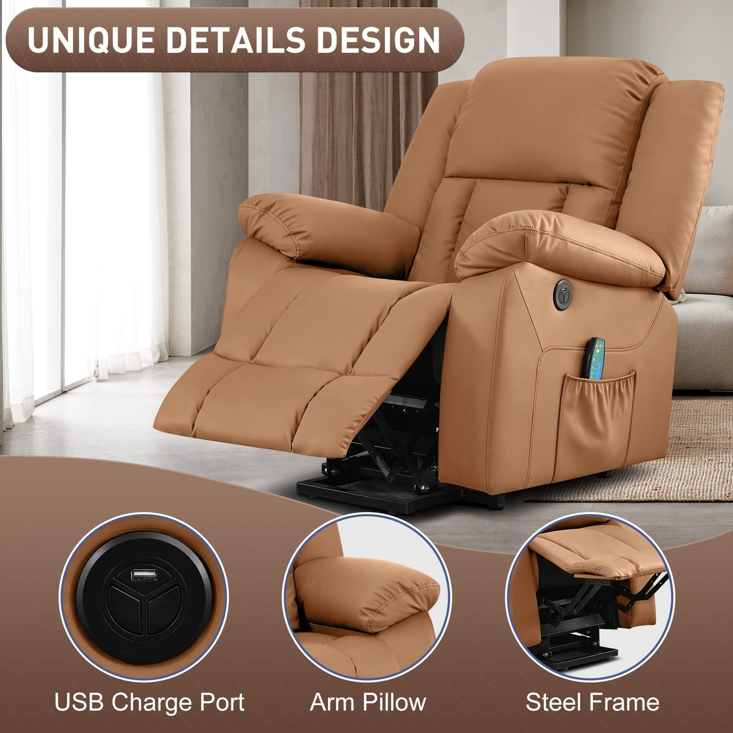 Brown recliner chair with unique details design features on a neutral background