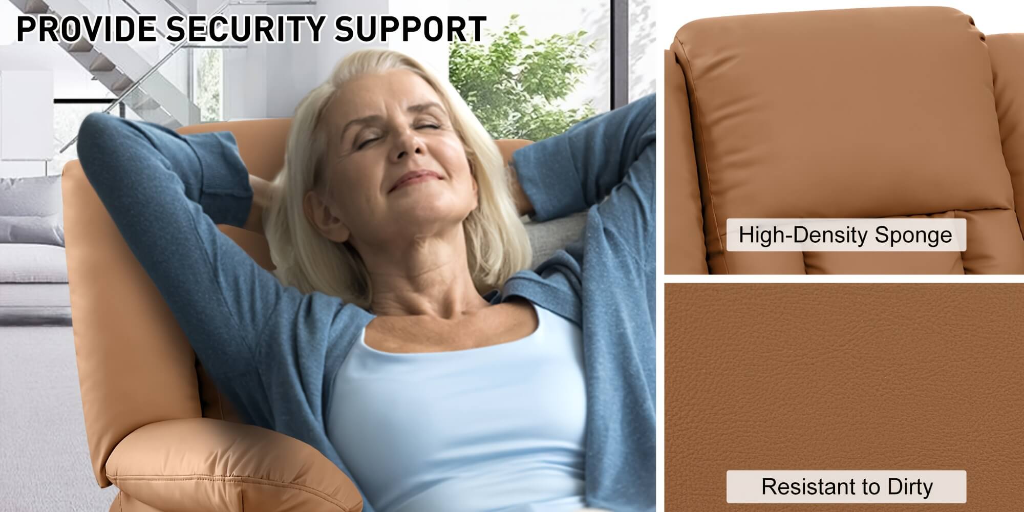 Woman relaxing on a brown sofa with close-up of high-density sponge material