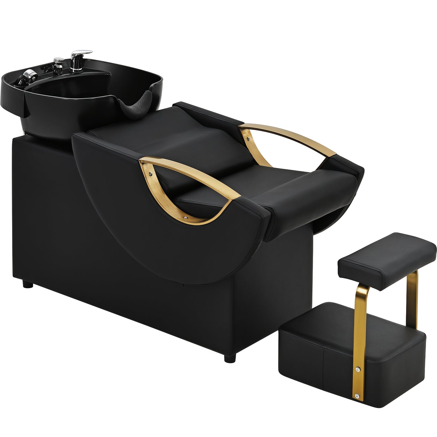 Black hair washing chair with gold accents on a white background