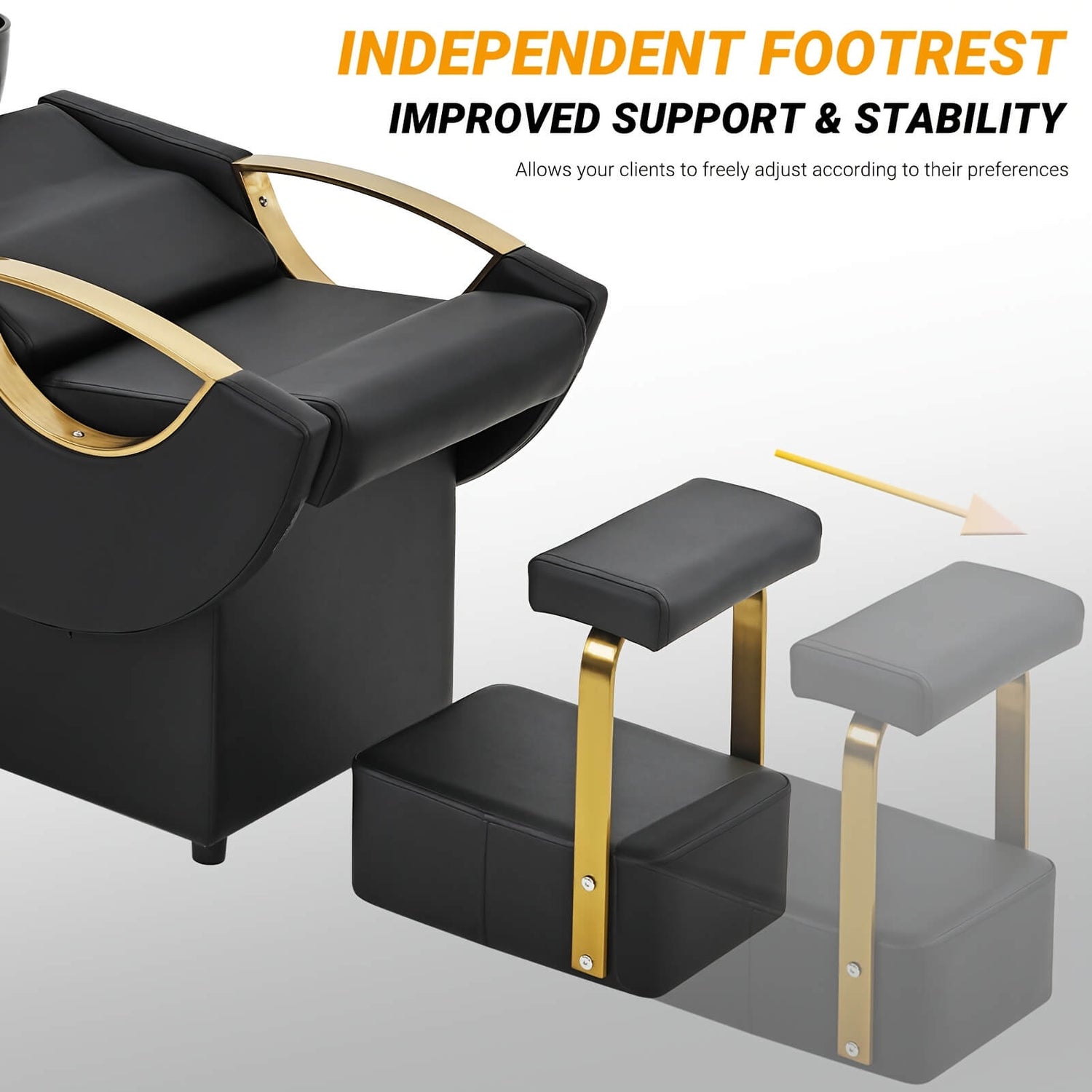 Black and gold footrest of a backwash unit with bowl with gray cushion on a white background, featuring text about improved support and stability.