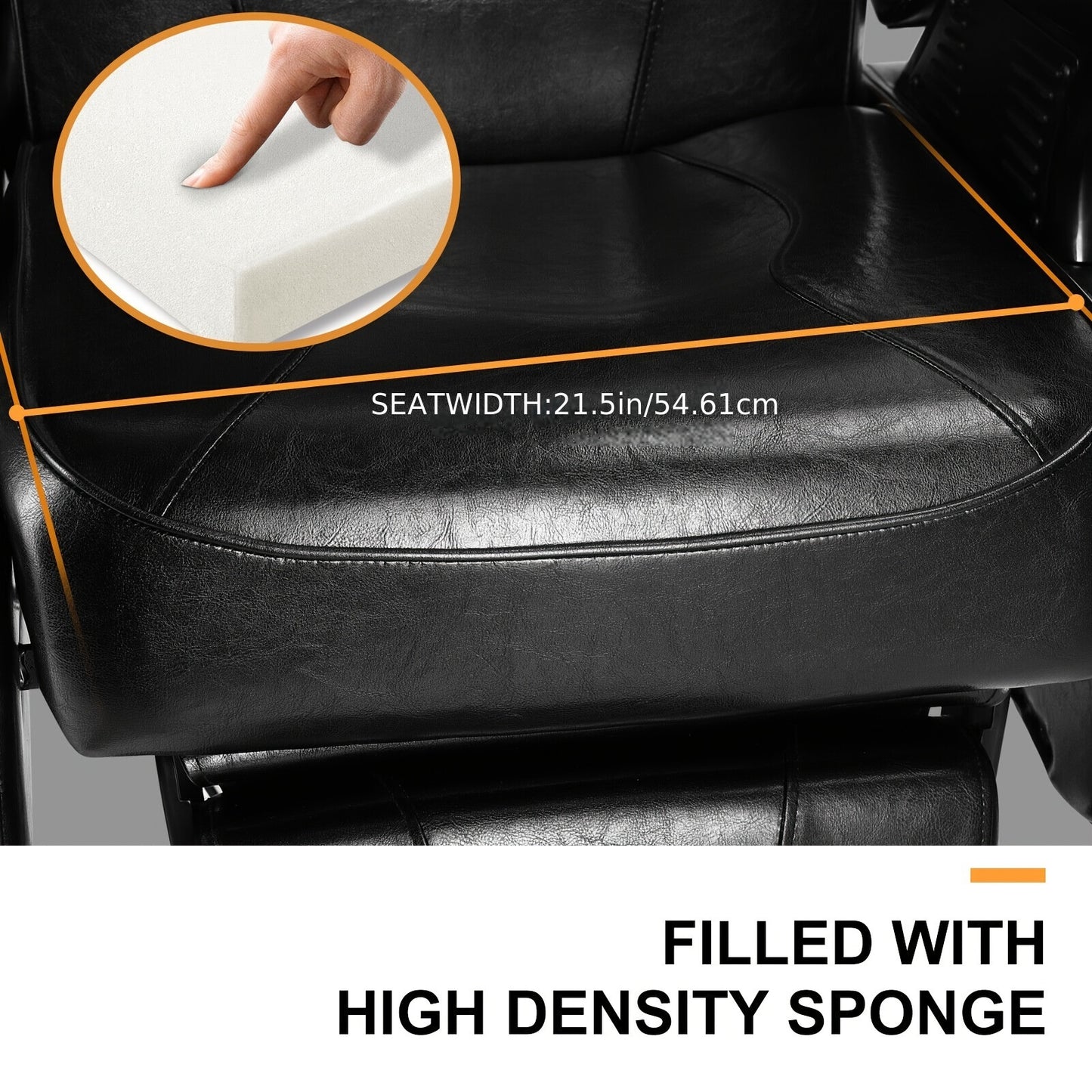Black professional barber seat cover with high-density sponge filling, showing a close-up of the material.