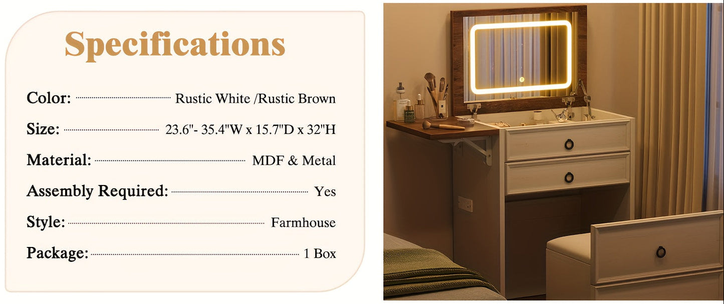 Vanity set with lighted mirror with lighted mirror with specifications on a white background