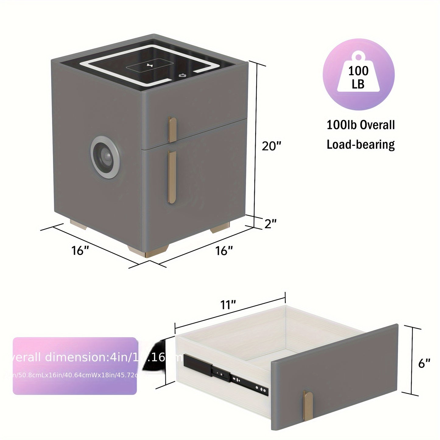 Gray storage unit with dimensions and load-bearing capacity label on a white background
