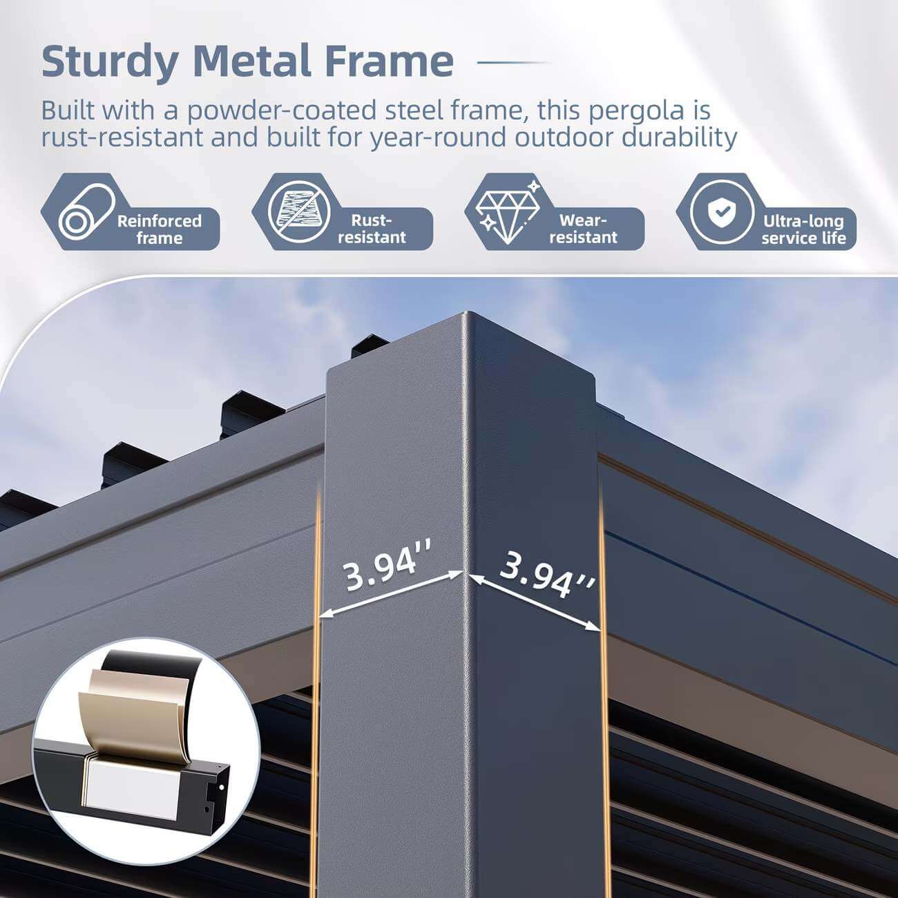 Pergola with sturdy metal frame details, including dimensions and durability features.