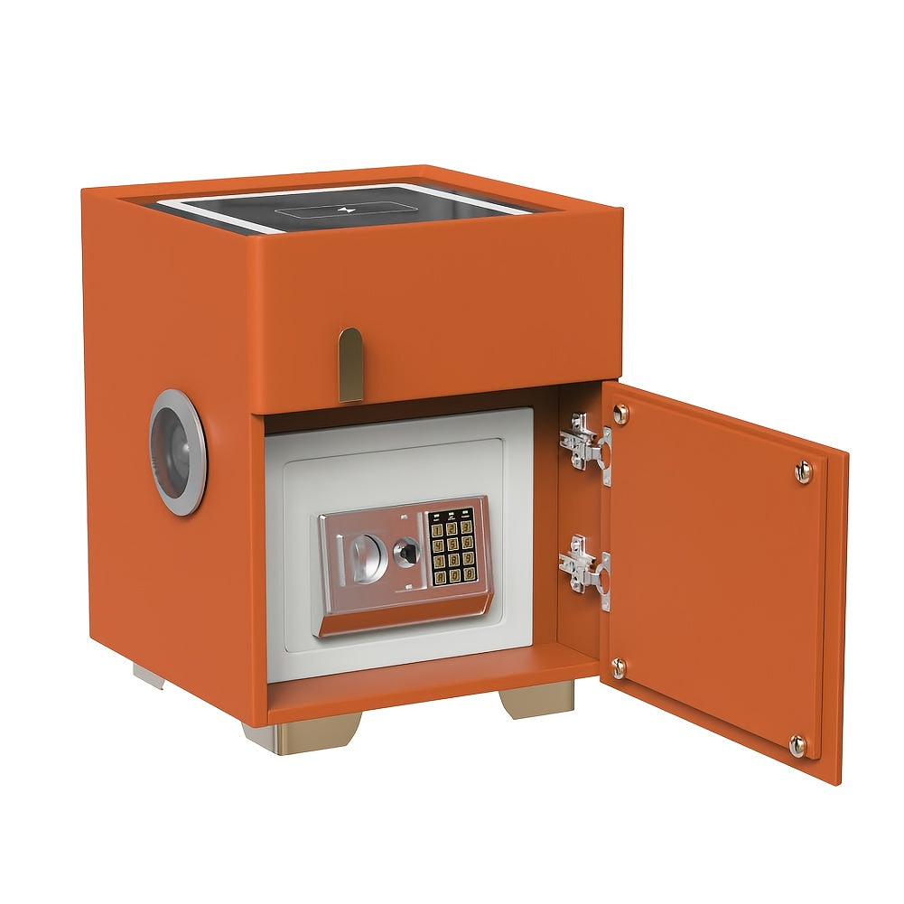 Orange modern nightstand with safe with open door on a white background