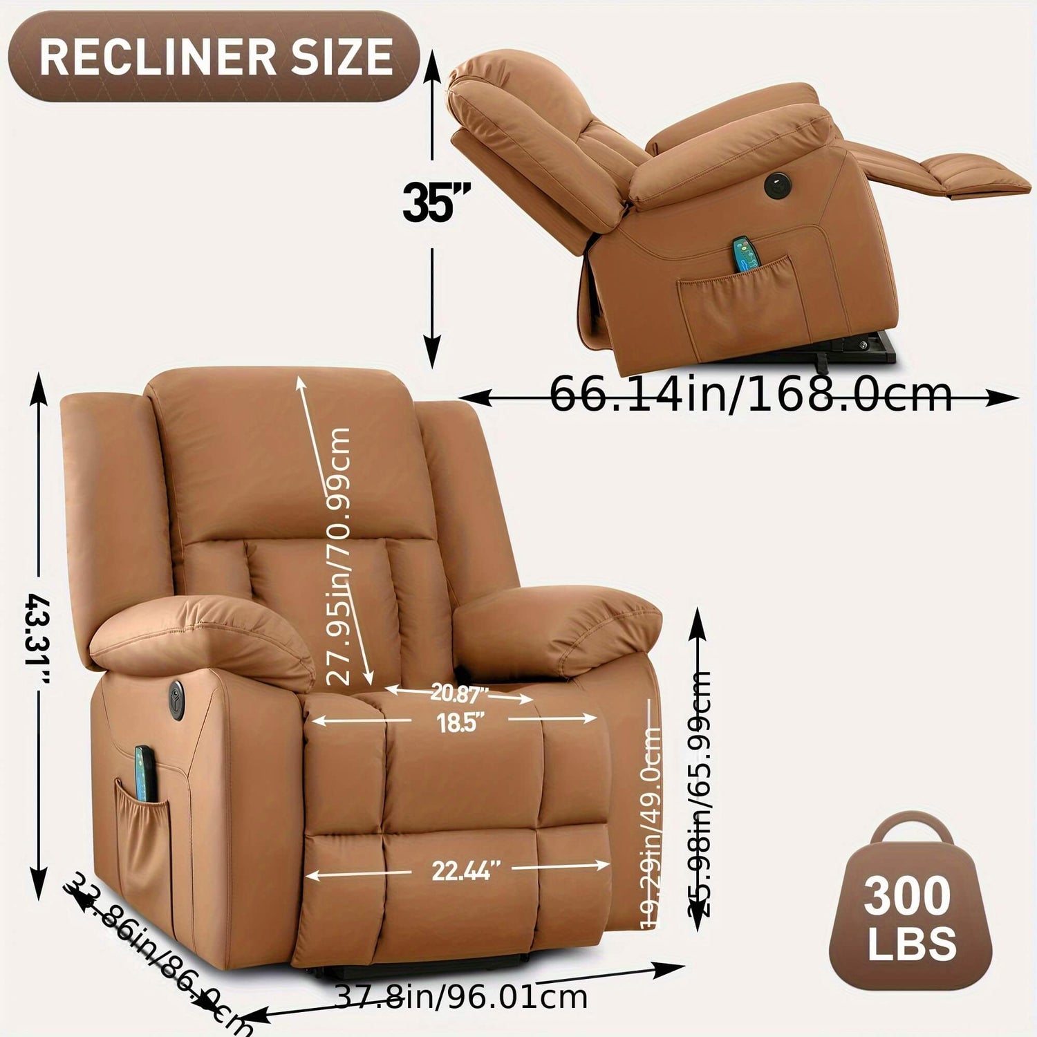 Brown recliner chair with dimensions and weight capacity displayed