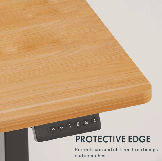 The edge of an adjustable wood desk sold by WorkZen Interiors showing the remote controller