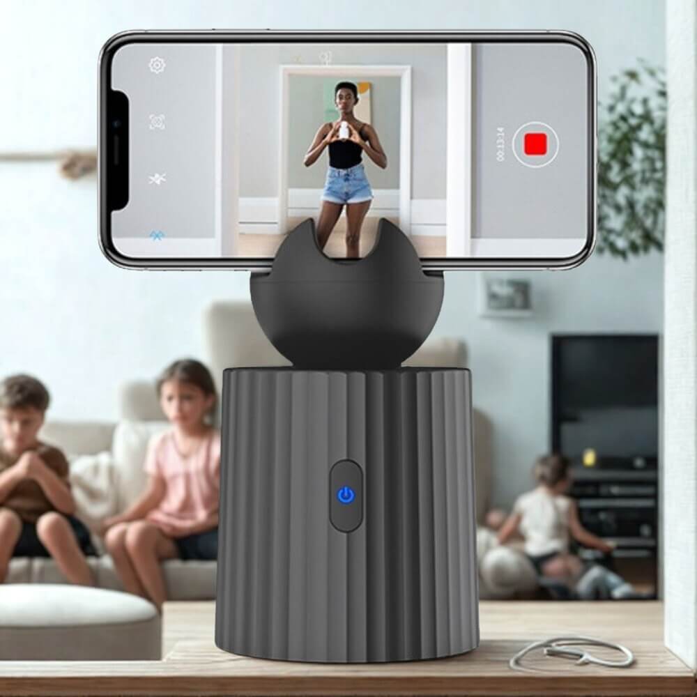 A black auto object tracking phone holder sold by WorkZen Interiors