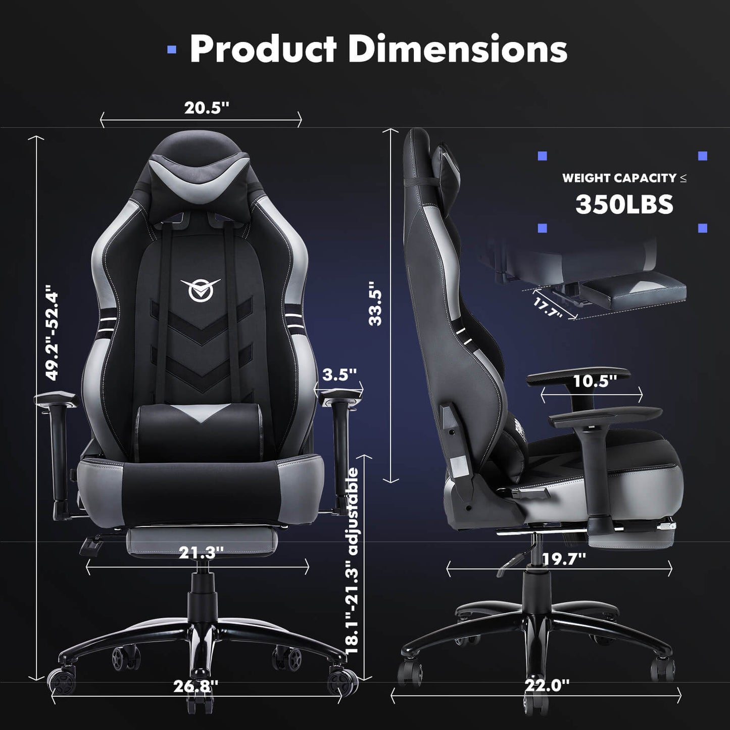 The dimensions of a grey Big and Tall Gaming Chair sold by WorkZen Interiors