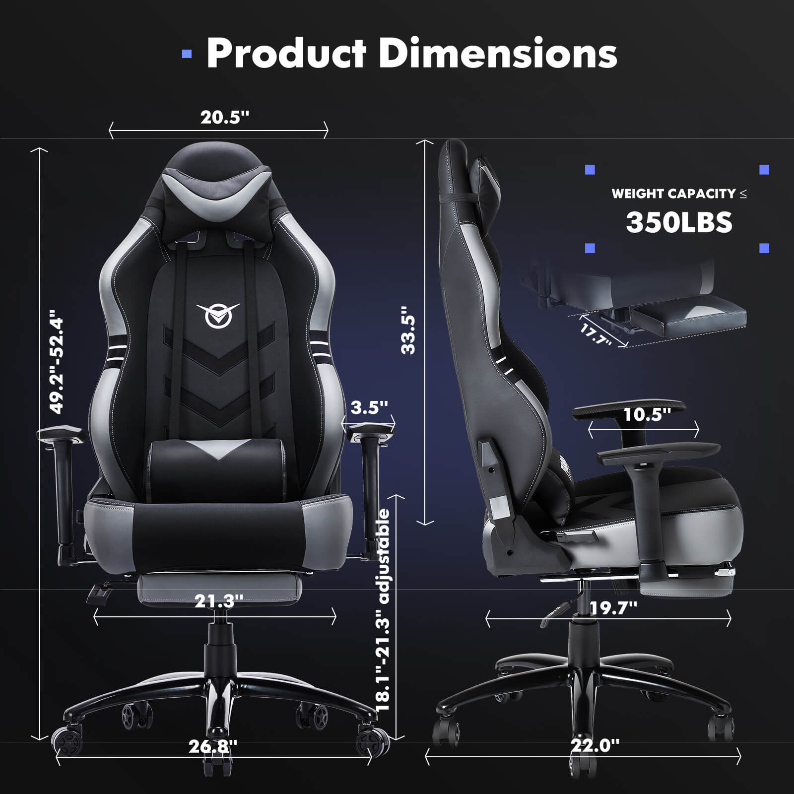 The dimensions of a grey Big and Tall Gaming Chair sold by WorkZen Interiors