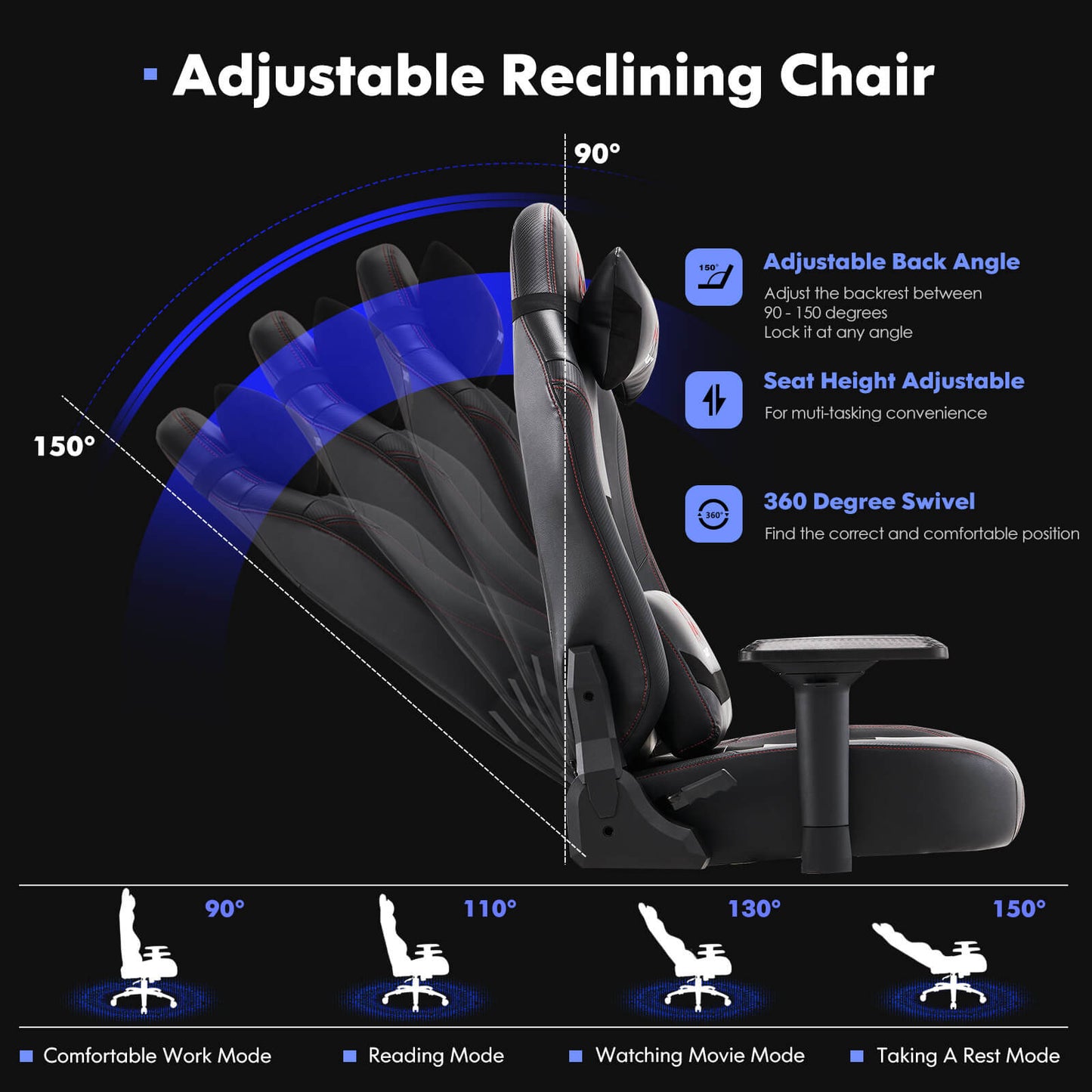 A black heavy duty gaming chair showing the adjustable angles of the backrest