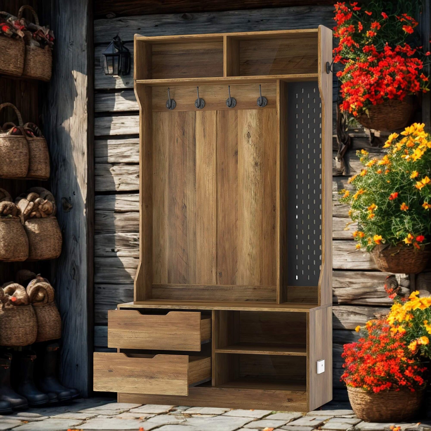 A brown coat rack with shoe storage sold by WorkZen Interiors