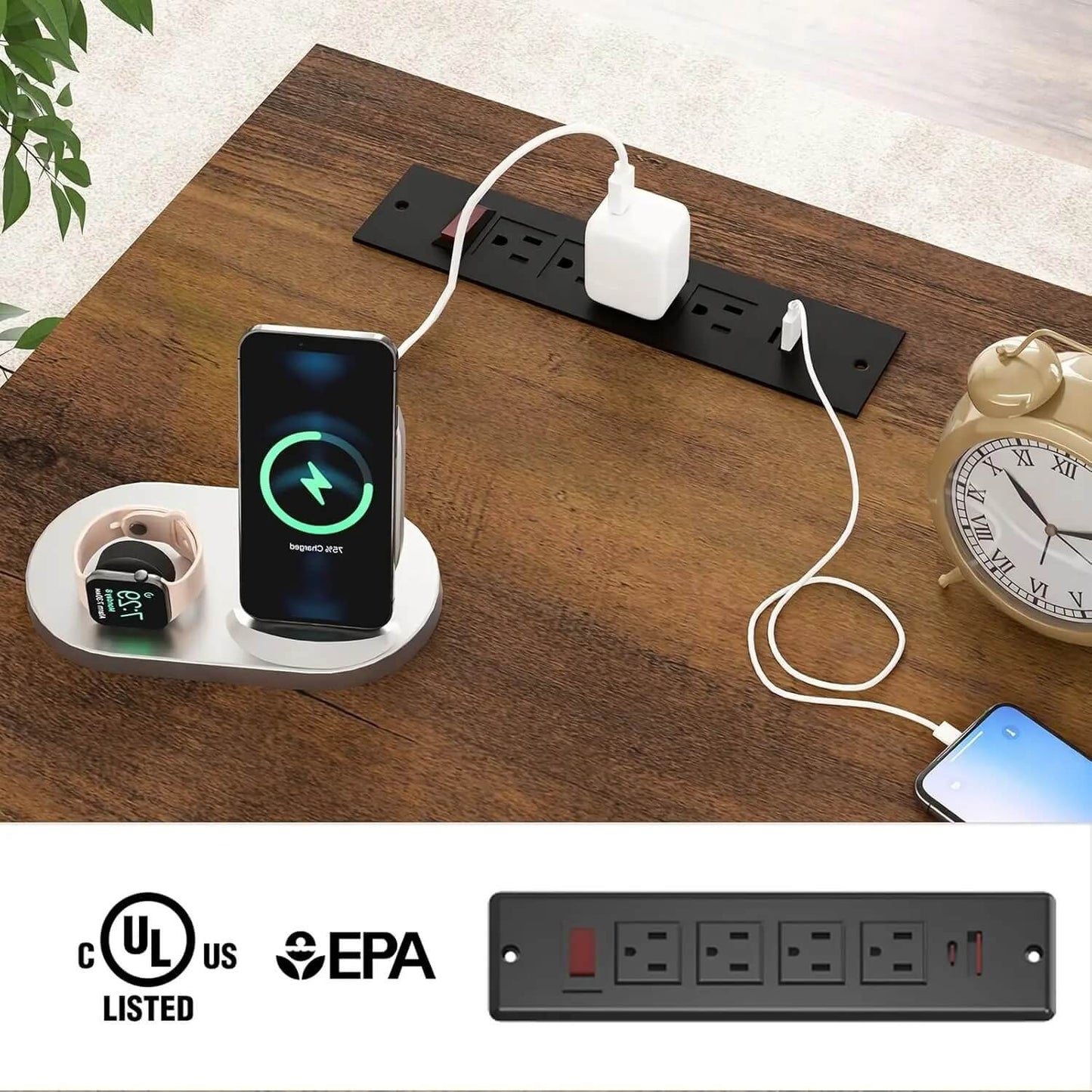 A white wood home office desk with its own charging station sold by WorkZen Interiors