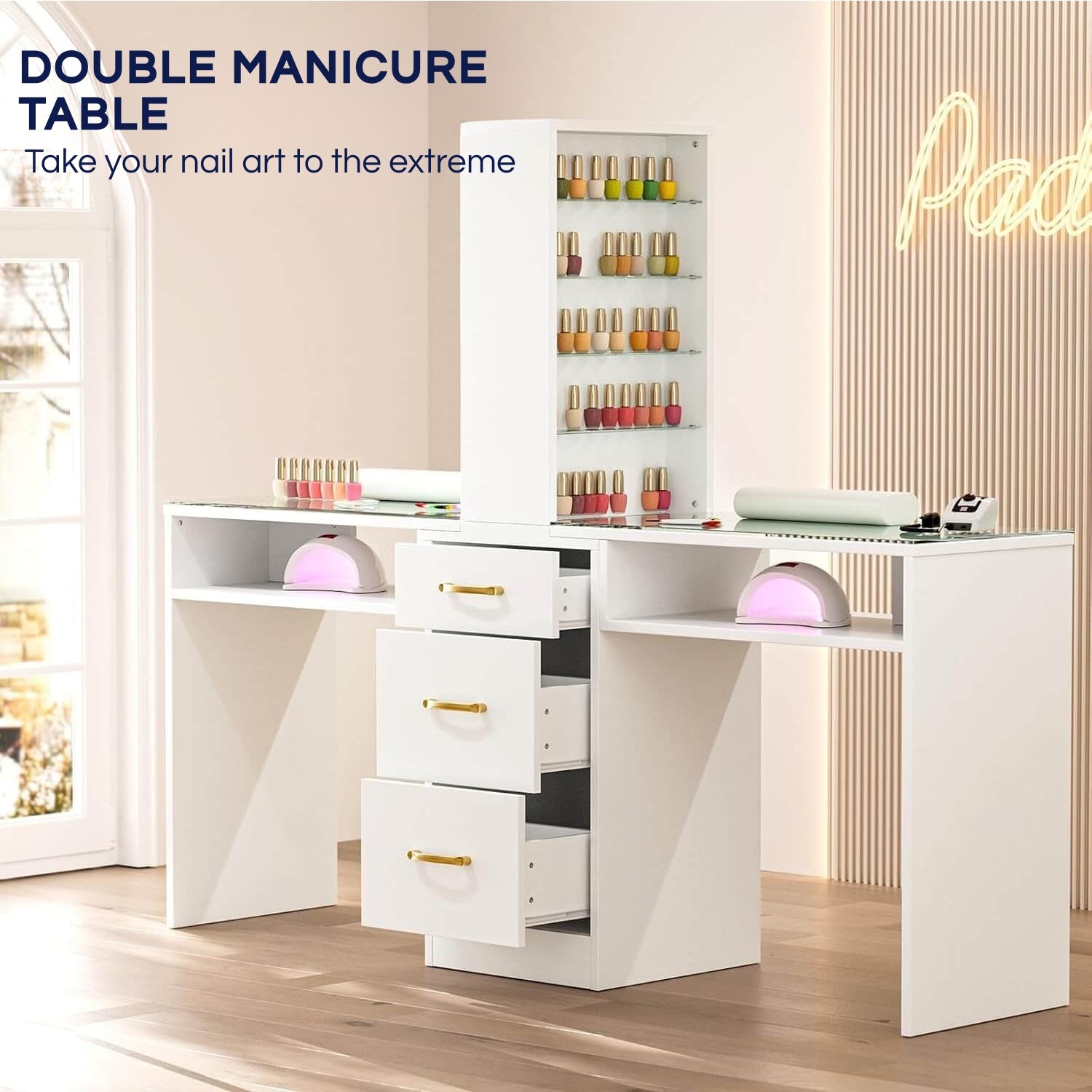 A white double manicure table sold by WorkZen Interiors