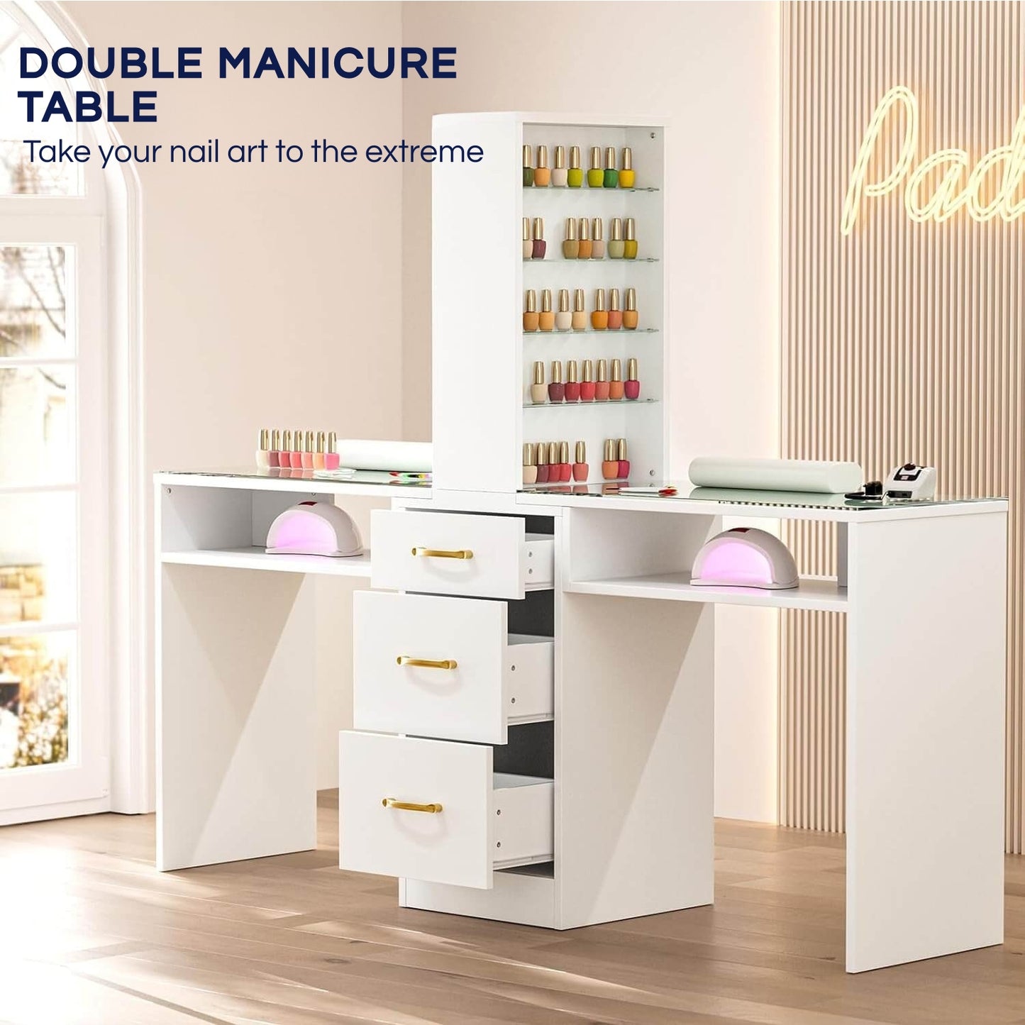 A white double manicure table sold by WorkZen Interiors