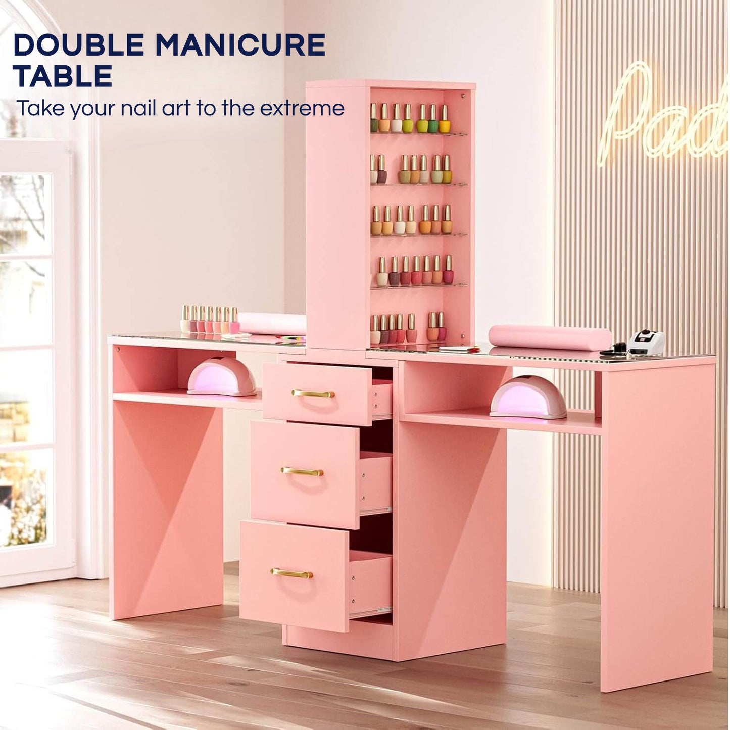 A pink double manicure table sold by WorkZen Interiors