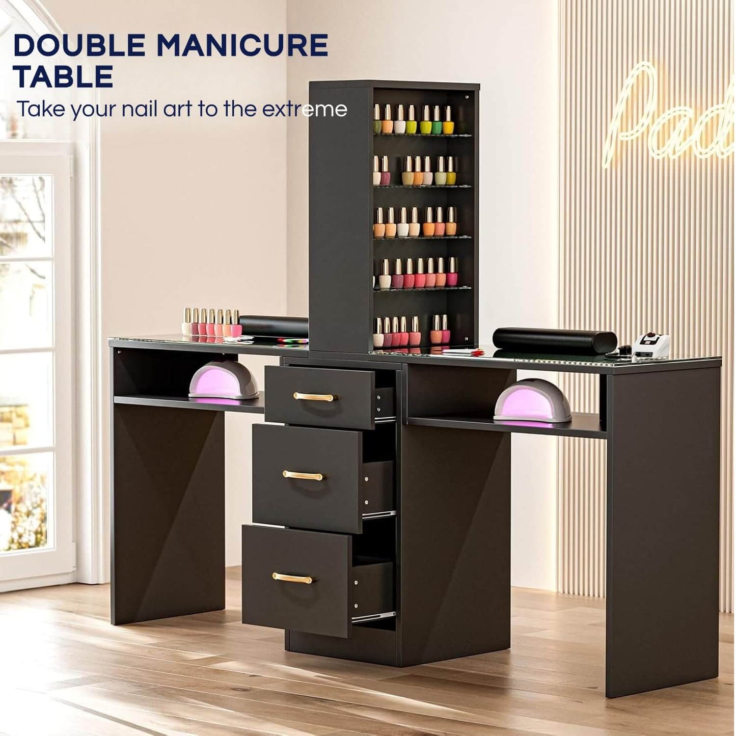 A black double manicure table sold by WorkZen Interiors