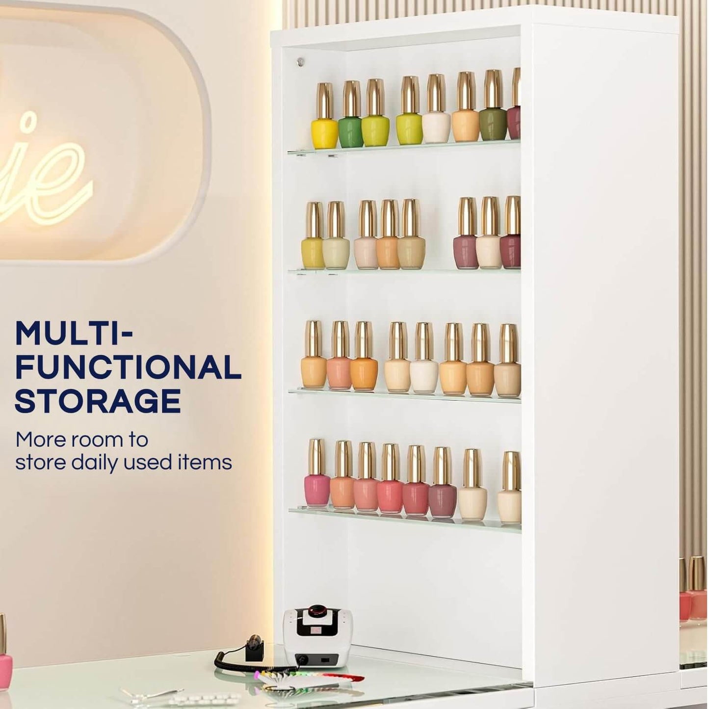 Multi-functional storage feature of a white double manicure table sold by WorkZen Interiors