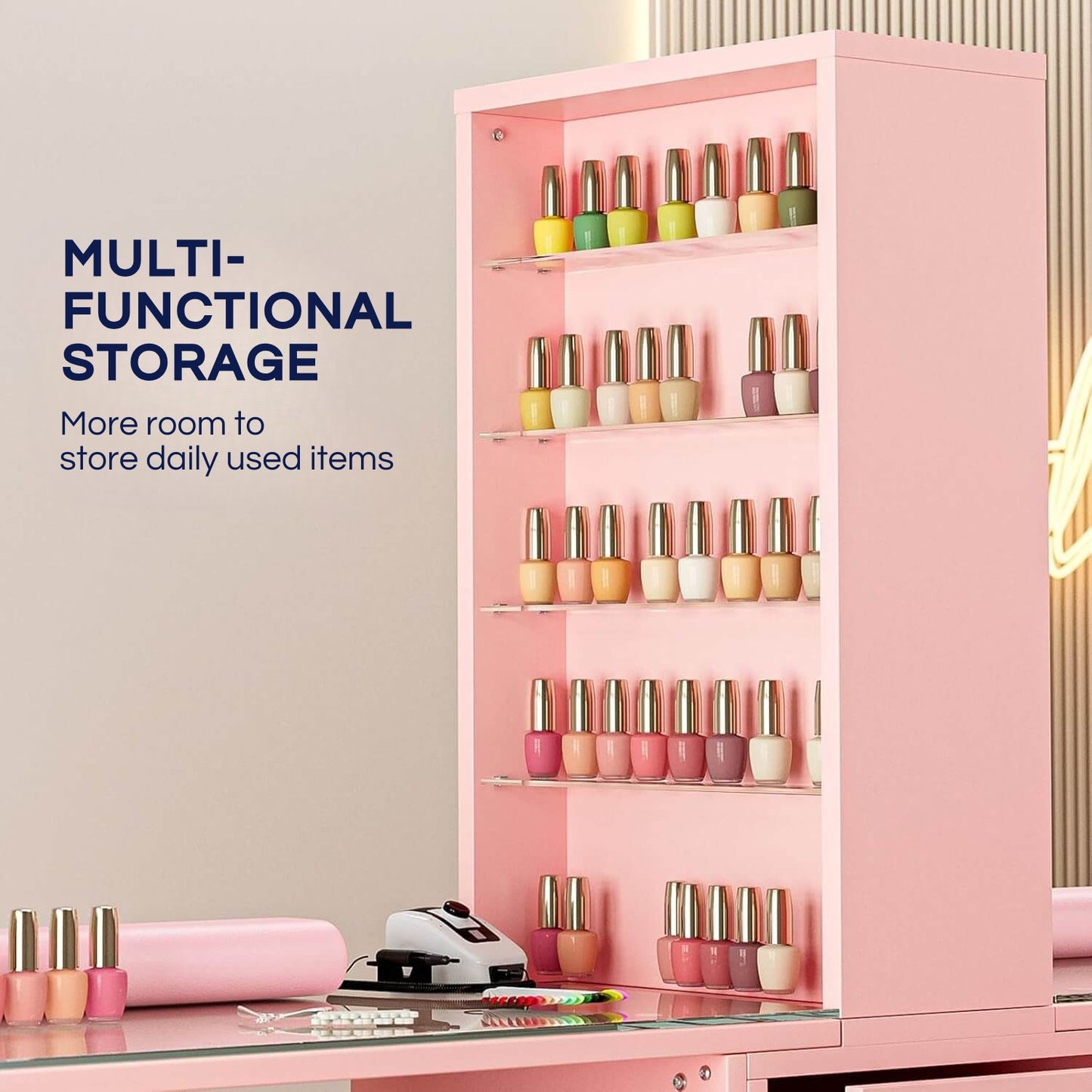 A multiple functional storage racks of a pink double manicure table sold by WorkZen Interiors