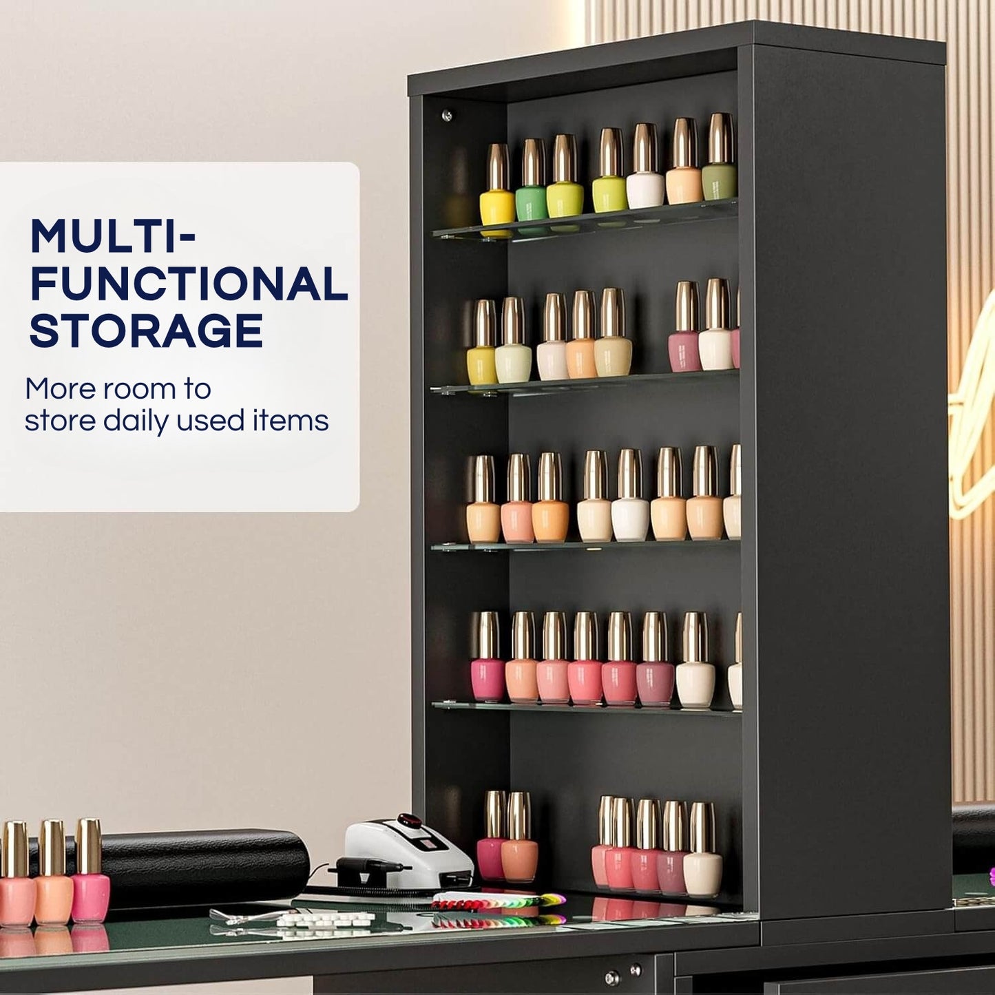 A multiple functional storage racks of a black double manicure table sold by WorkZen Interiors