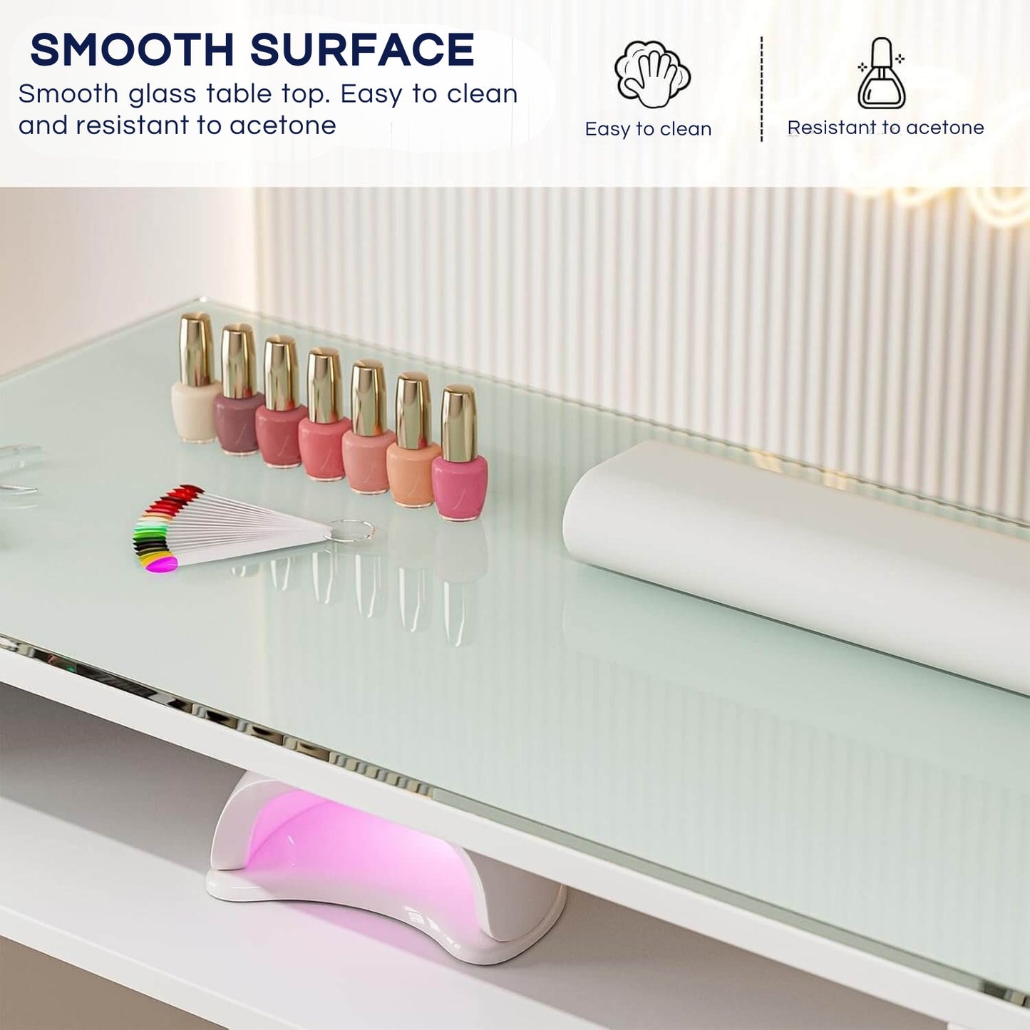 Glass table top of a white double manicure table sold by WorkZen Interiors