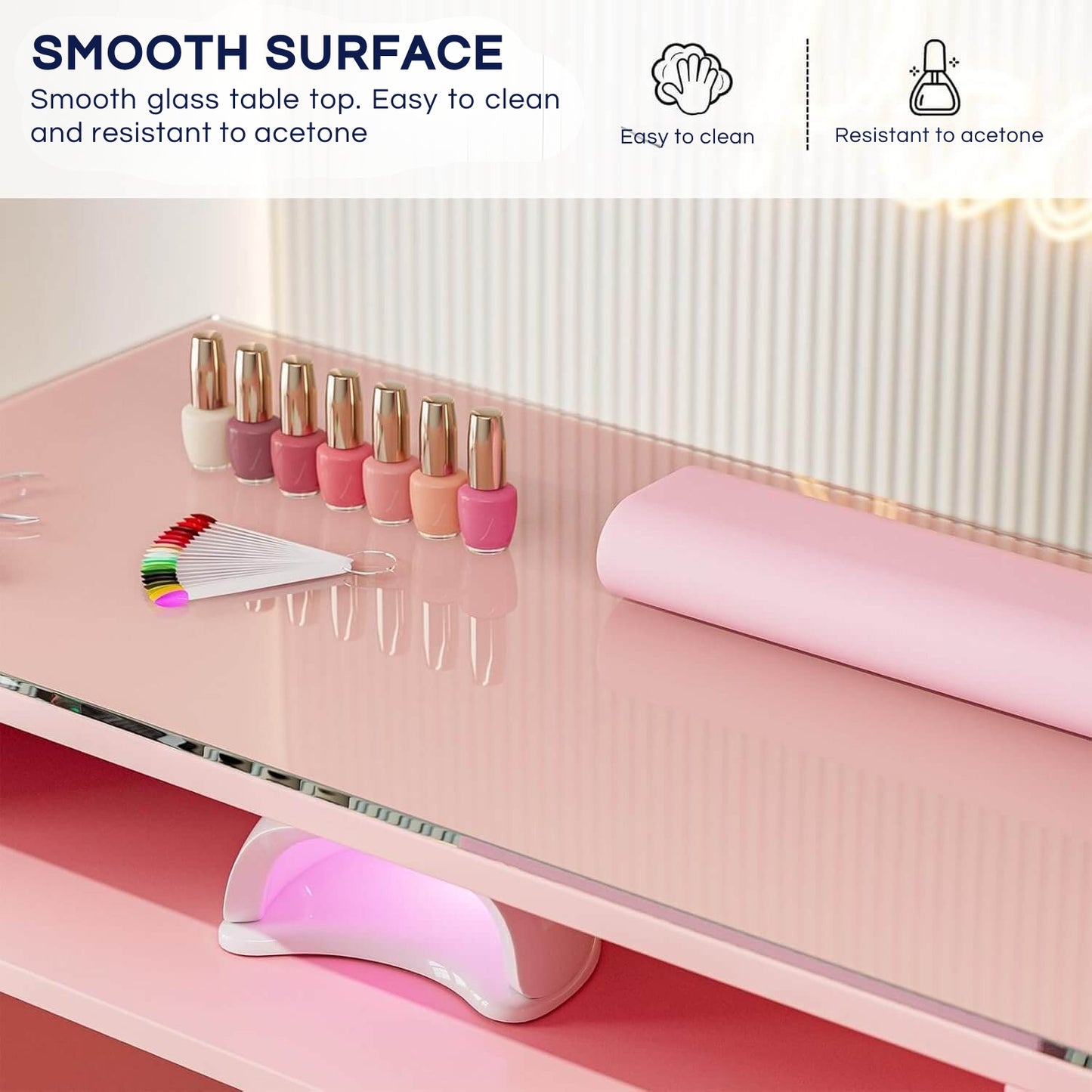 A glass table top of a pink double manicure table sold by WorkZen Interiors