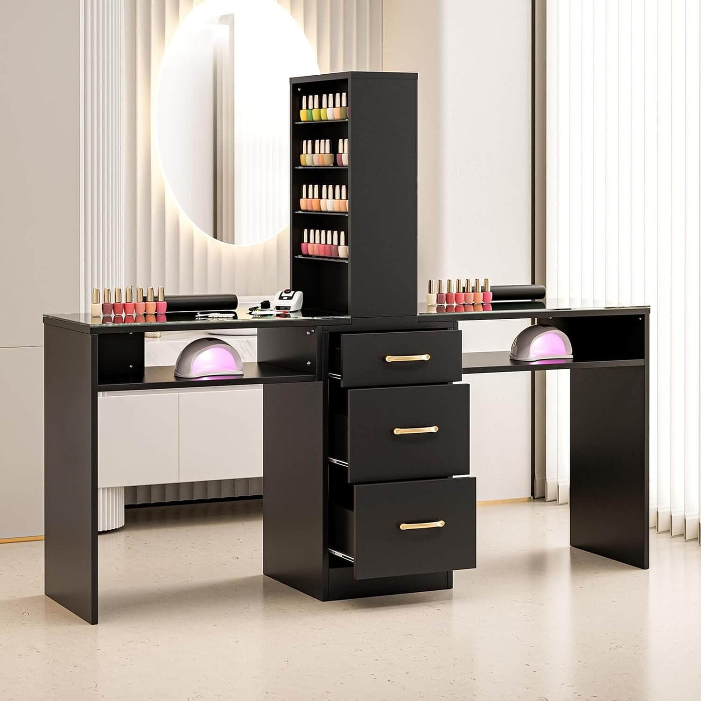 A black double manicure table sold by WorkZen Interiors