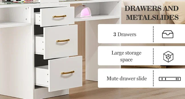 Drawers and metal slides of a white double manicure table sold by WorkZen Interiors