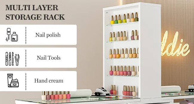 The multi-layer storage rack of a white double manicure table sold by WorkZen Interiors