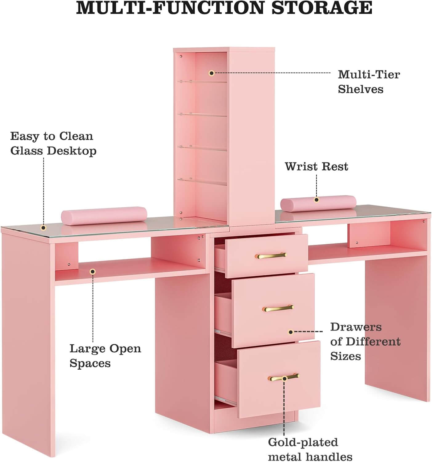 Components of a Multi-functional storage feature of a pink double manicure table sold by WorkZen Interiors