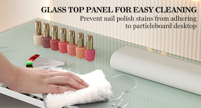 Glass top panel of a Multi-functional storage feature of a white double manicure table sold by WorkZen Interiors