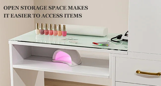 Open storage space of a white double manicure table sold by WorkZen Interiors
