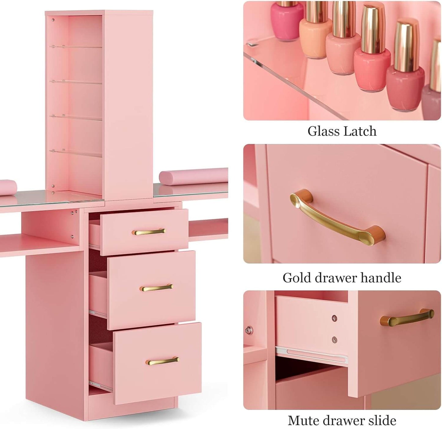 Component parts of a pink double manicure table sold by WorkZen Interiors