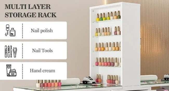 Multi layer storage racks of a white double manicure table sold by WorkZen Interiors