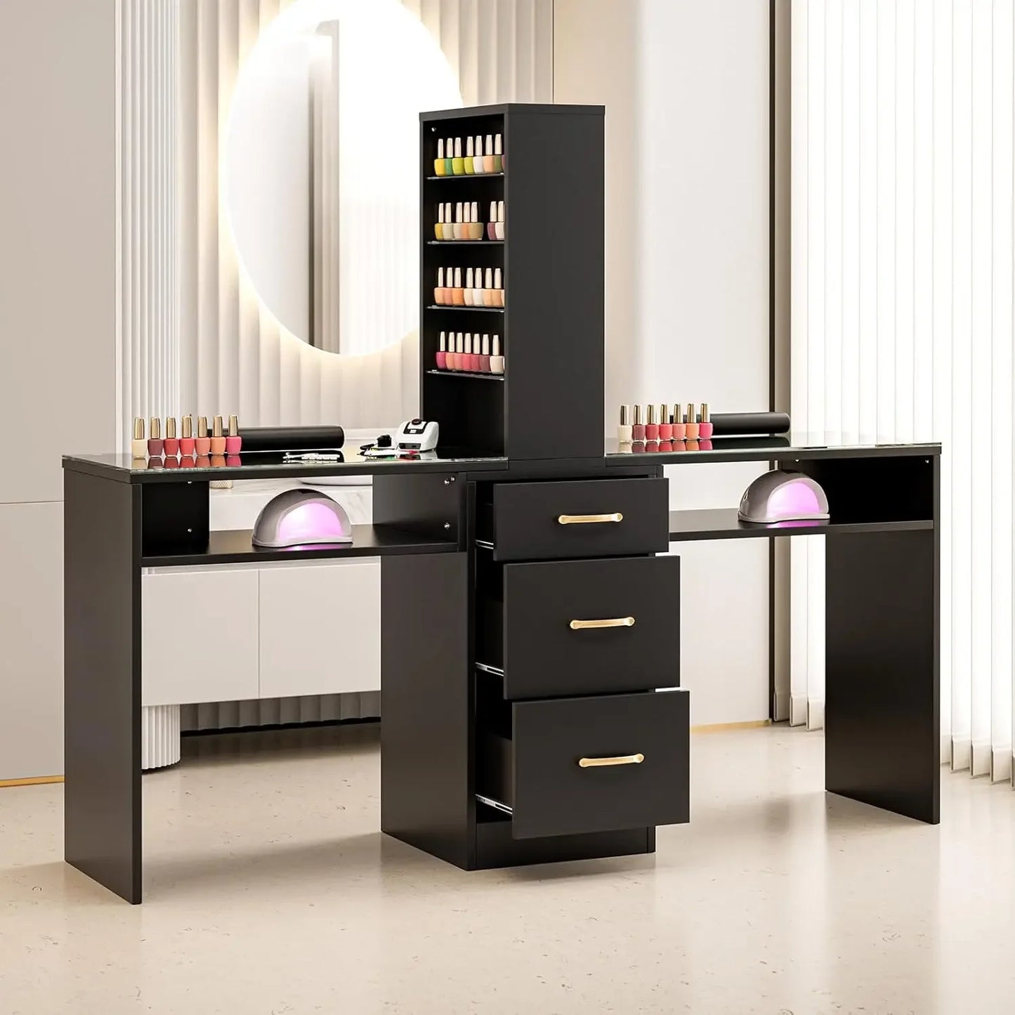 A black double manicure table sold by WorkZen Interiors