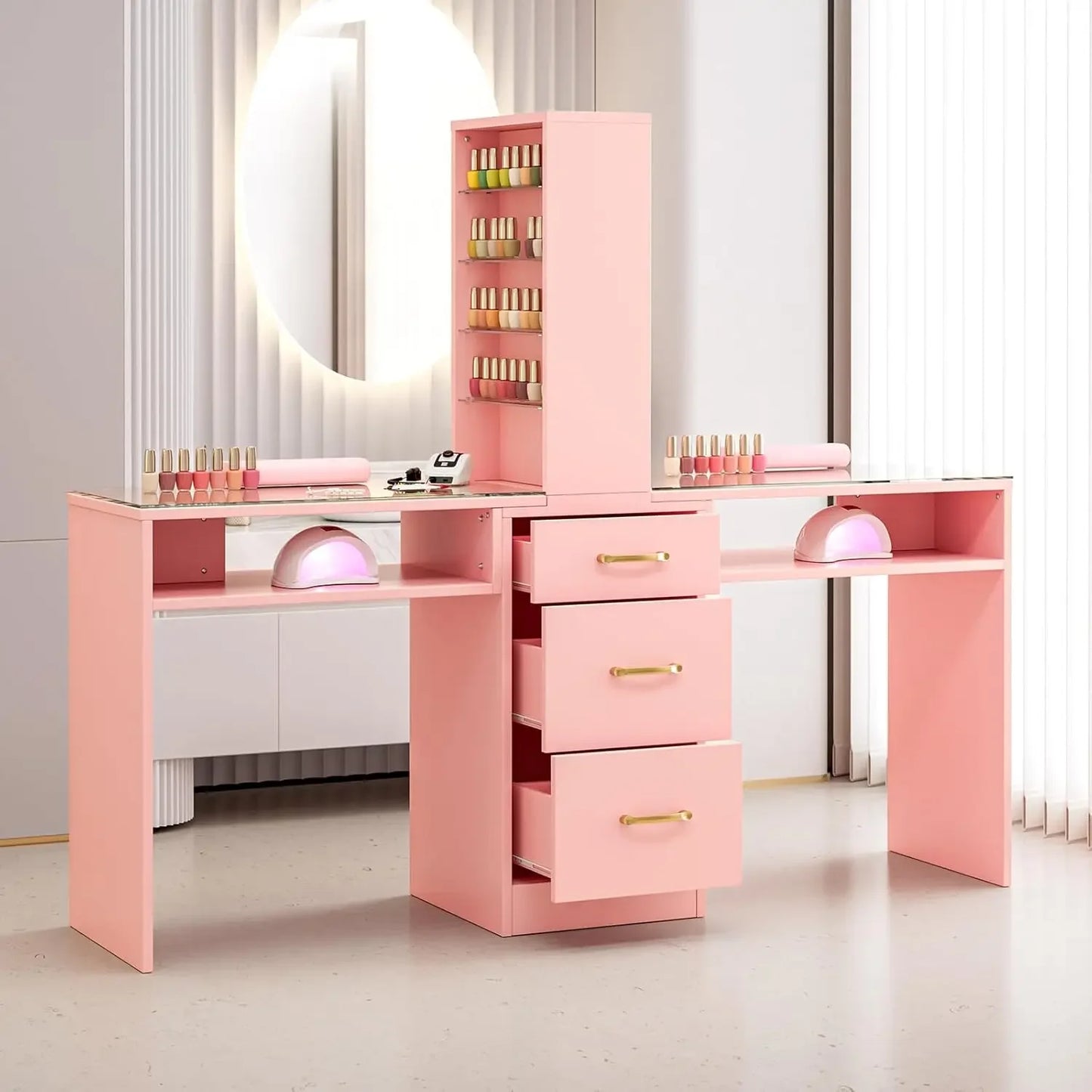 A pink double manicure table sold by WorkZen Interiors