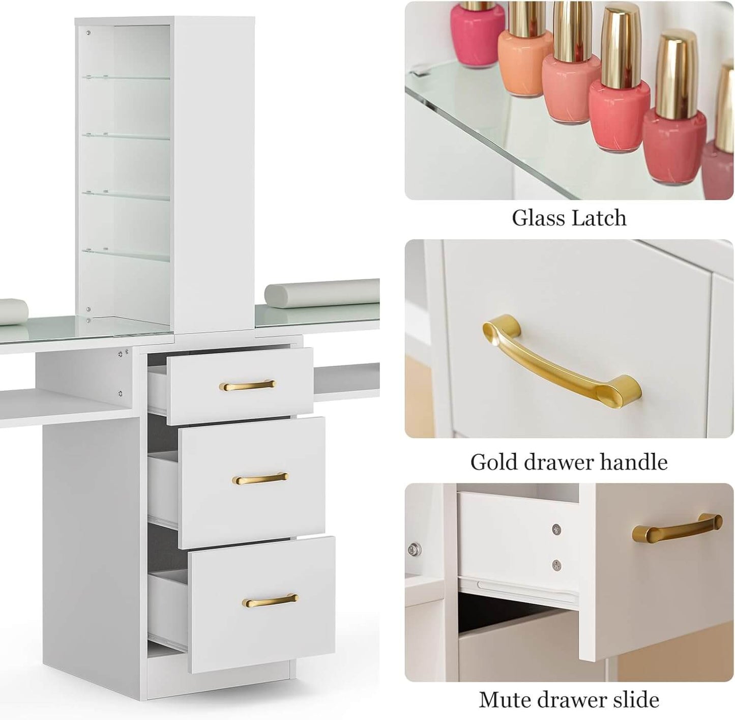 Component parts of a white double manicure table sold by WorkZen Interiors