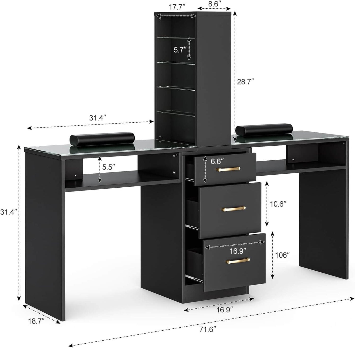 Dimension of a black double manicure table sold by WorkZen Interiors