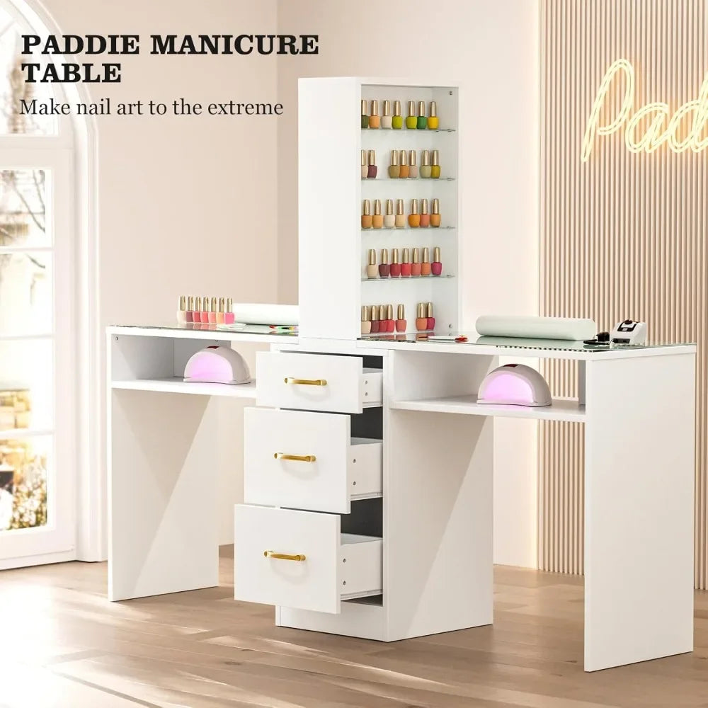 A white double manicure table sold by WorkZen Interiors