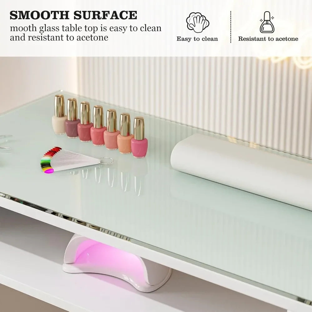 Smooth surface of a white double manicure table sold by WorkZen Interiors