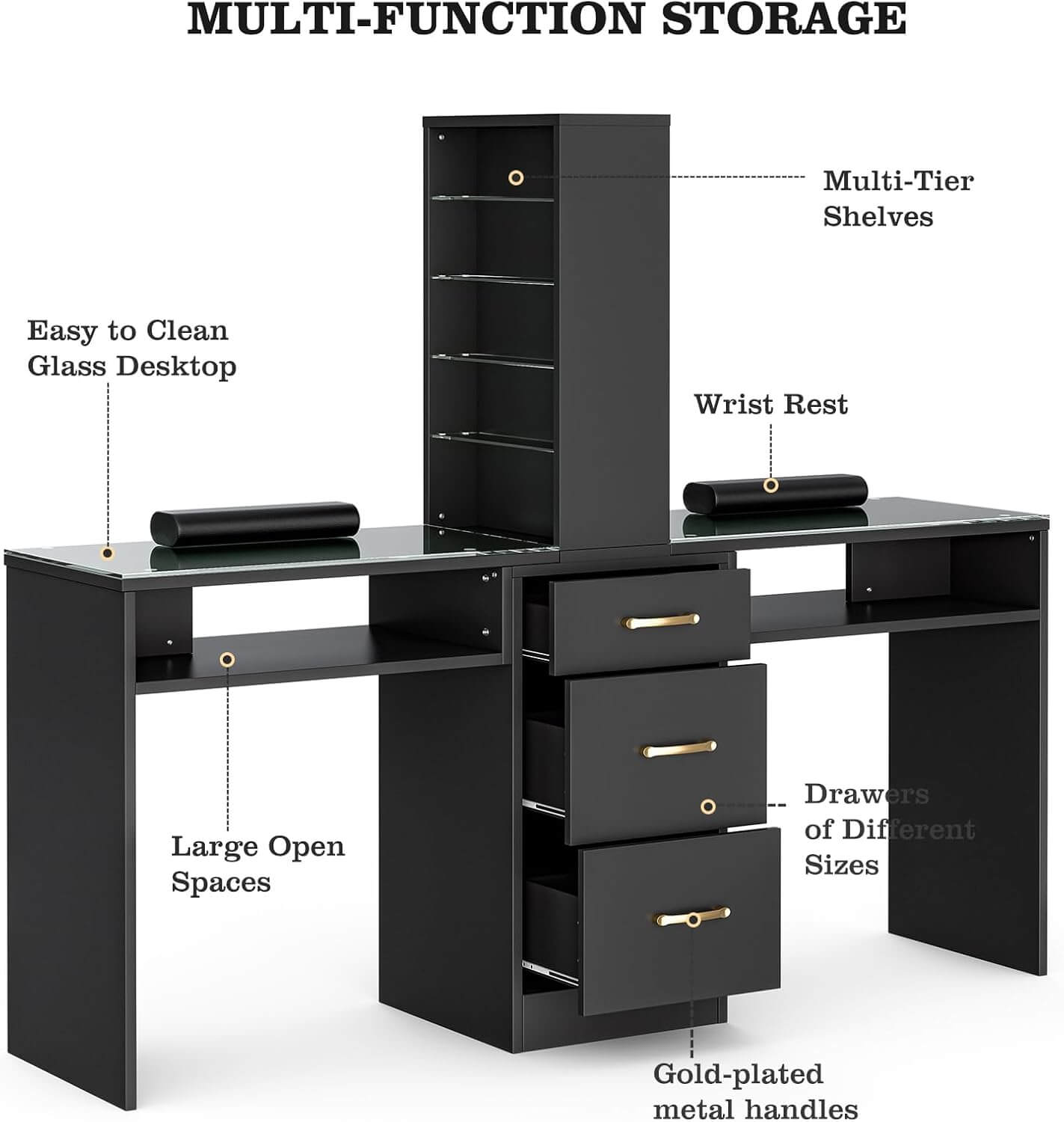 Labelled component parts of a black double manicure table sold by WorkZen Interiors