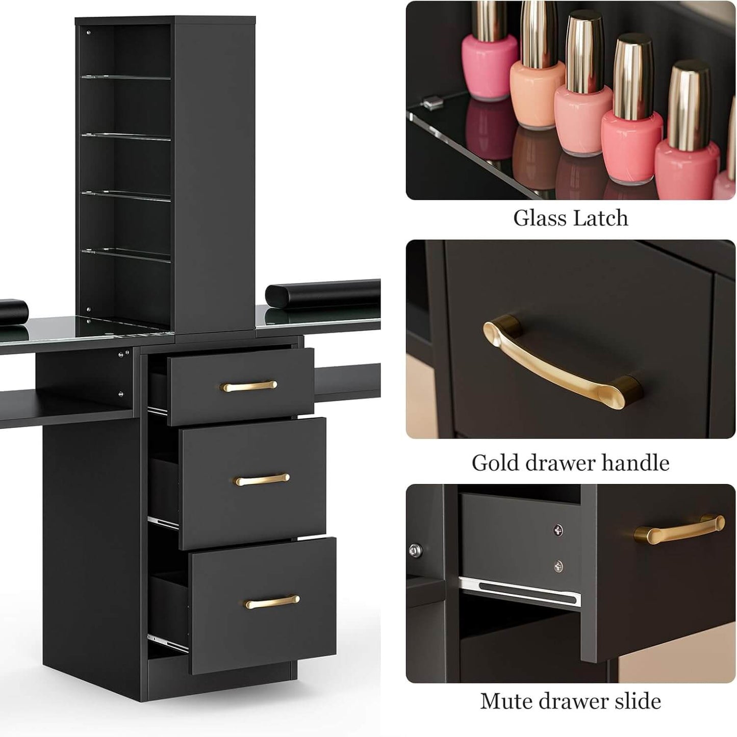 Components of a black double manicure table sold by WorkZen Interiors