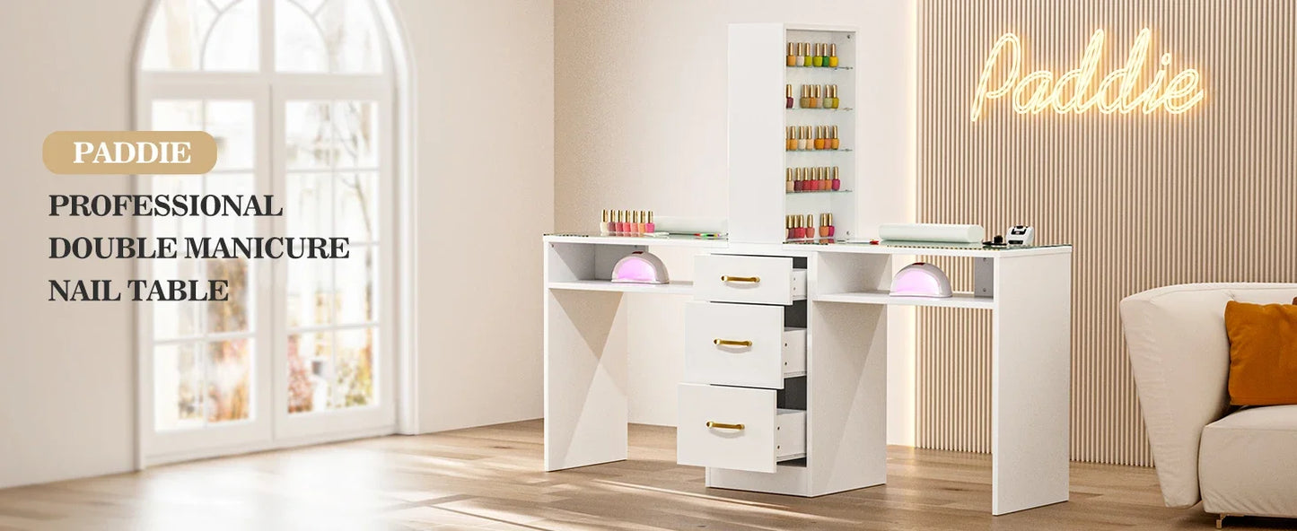 A white double manicure table sold by WorkZen Interiors