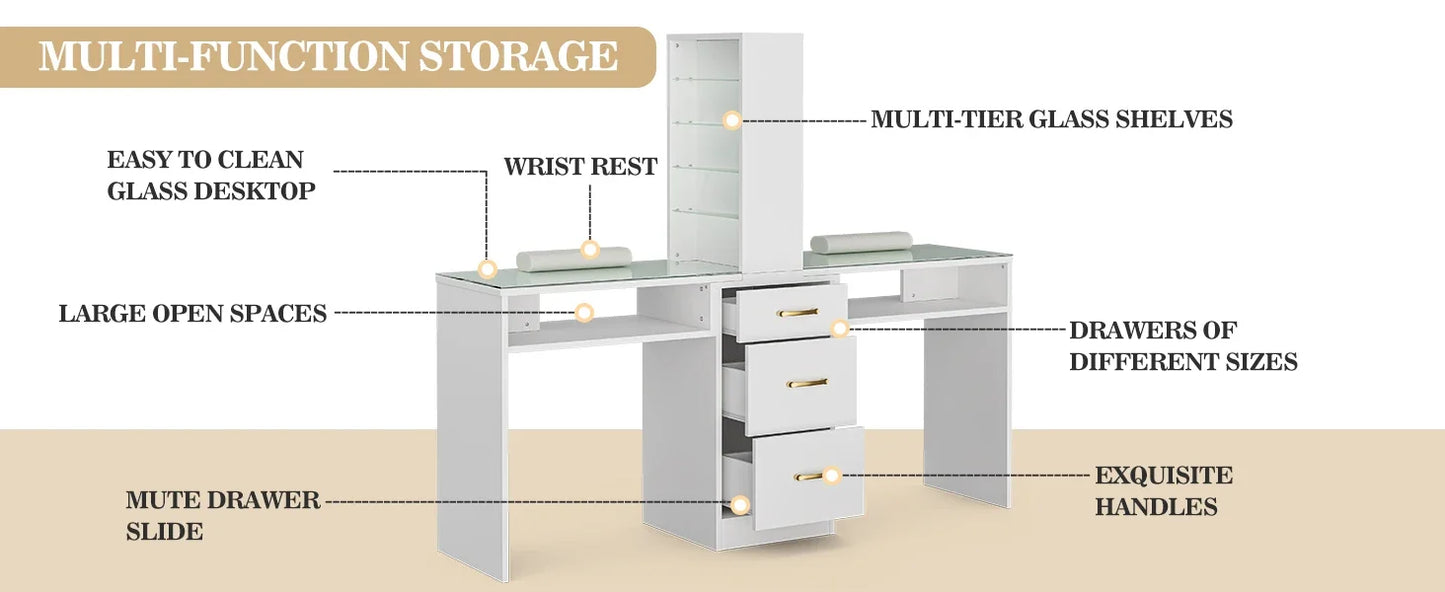Component parts of a white double manicure table sold by WorkZen Interiors