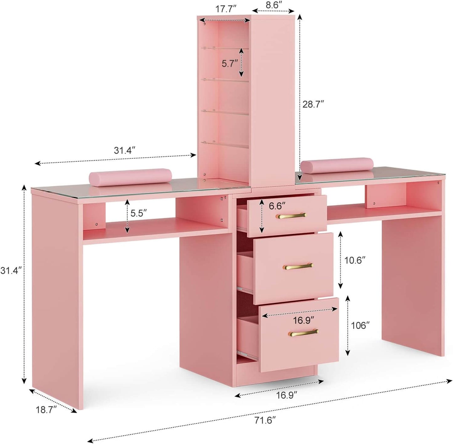 Dimension of a pink double manicure table sold by WorkZen Interiors