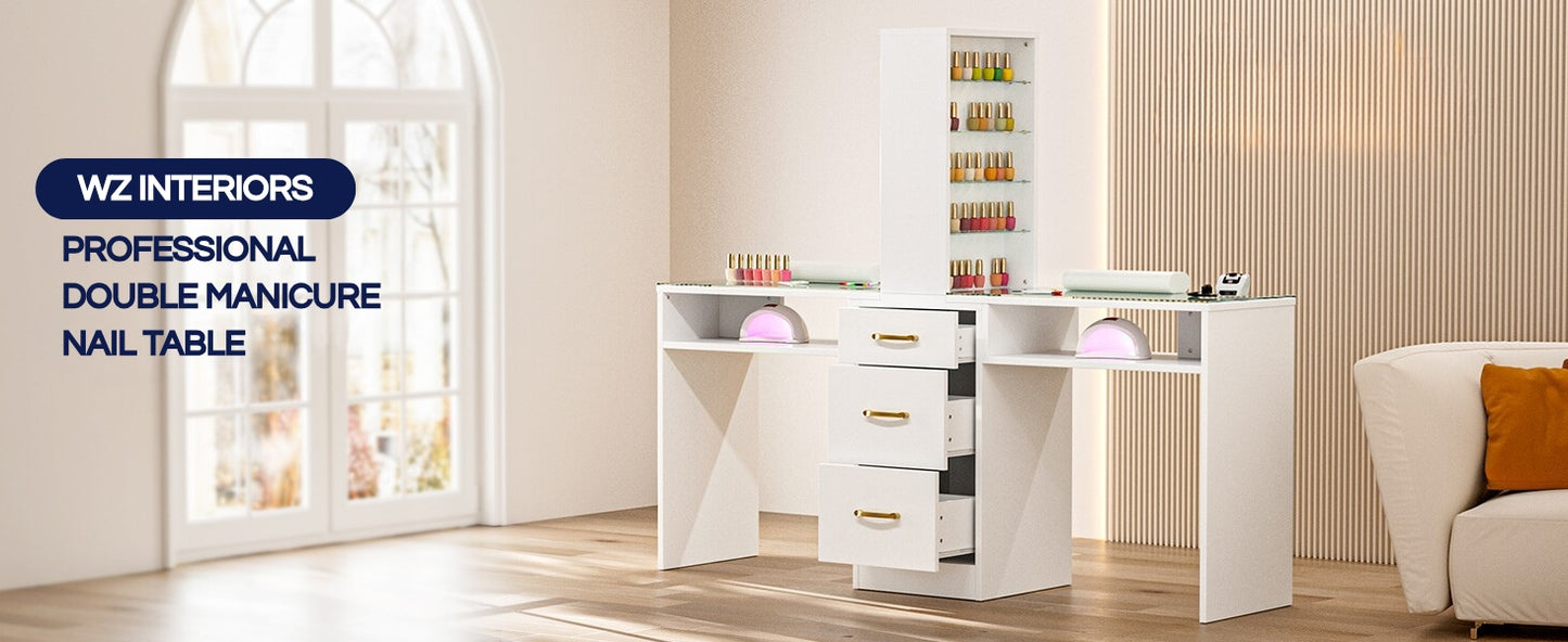 A white double manicure table sold by WorkZen Interiors